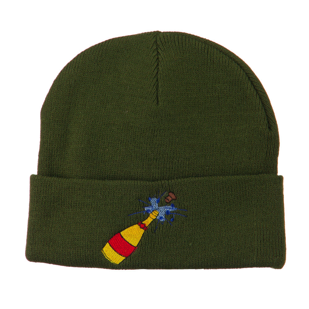 New Year Champagne Bottle Embroidered Beanie - Olive OSFM