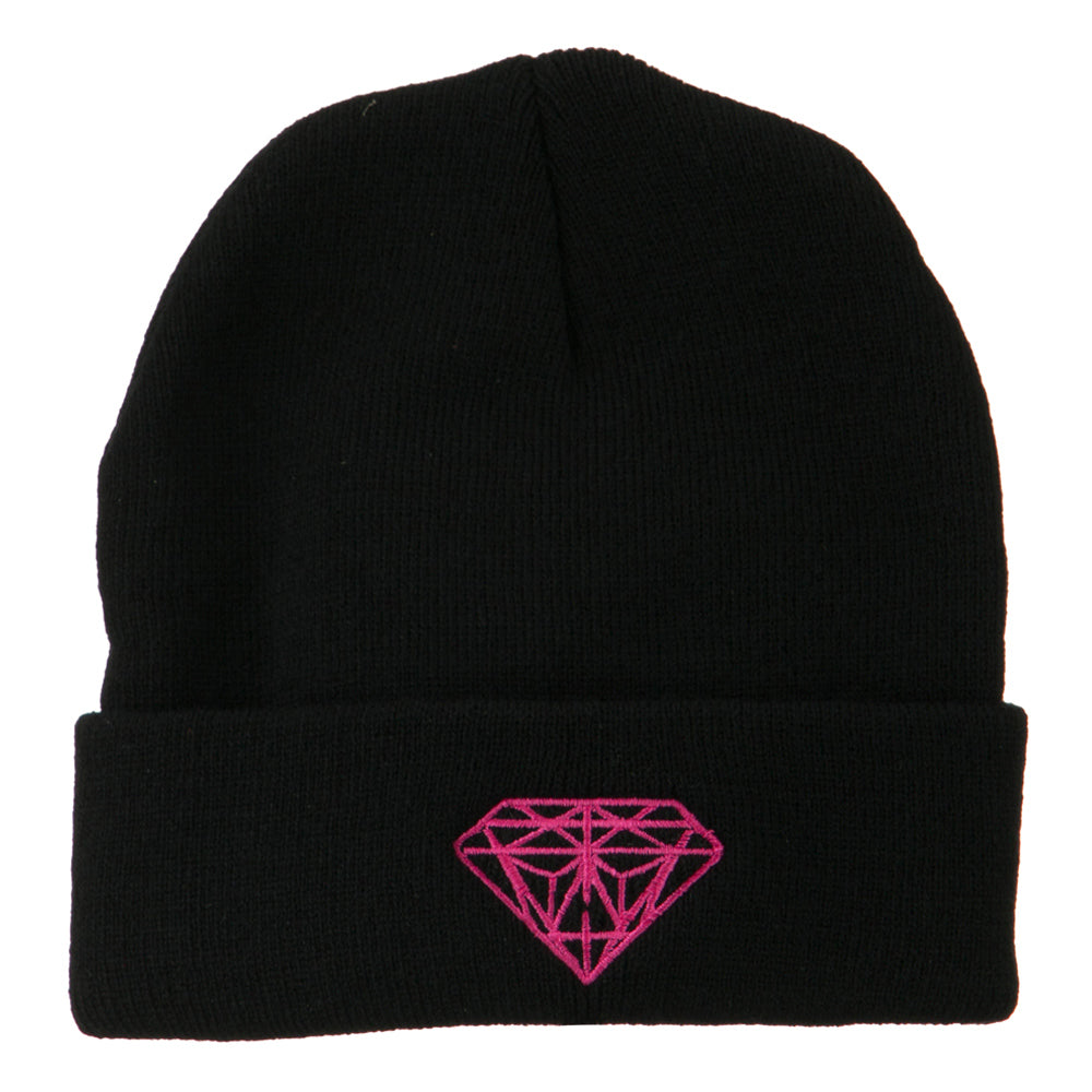 Hot Pink Diamond Embroidered Long Cuff Beanie - Black OSFM