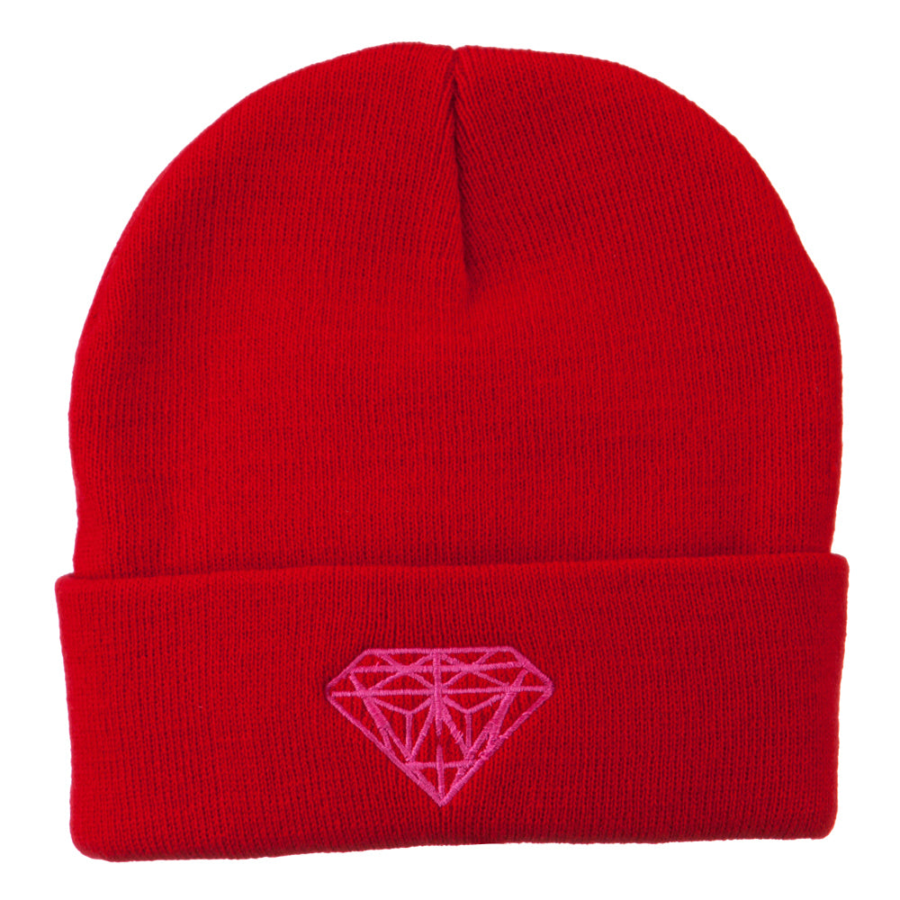 Hot Pink Diamond Embroidered Long Cuff Beanie - Red OSFM