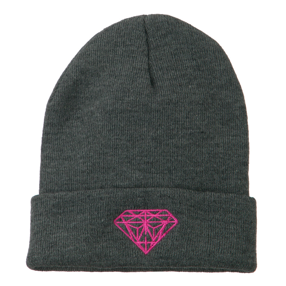 Hot Pink Diamond Embroidered Long Cuff Beanie - Grey OSFM