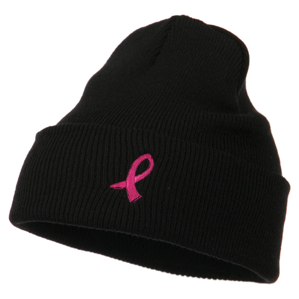Pink Ribbon Breast Cancer Embroidered Long Beanie - Black OSFM