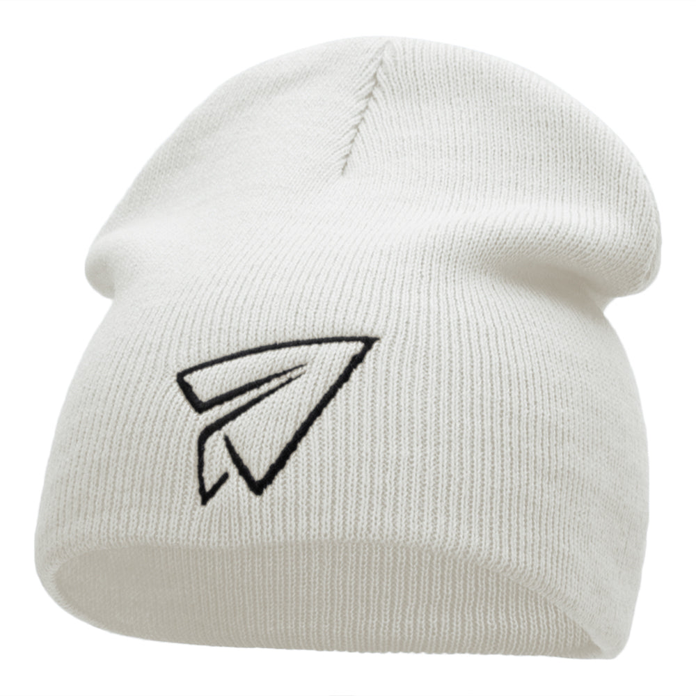 Paper Plane Outline Embroidered Short Knitted Beanie - White OSFM