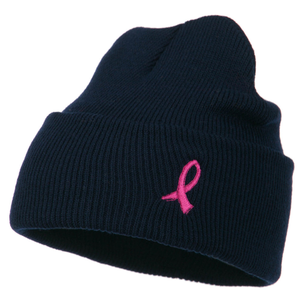Pink Ribbon Breast Cancer Embroidered Long Beanie - Navy OSFM