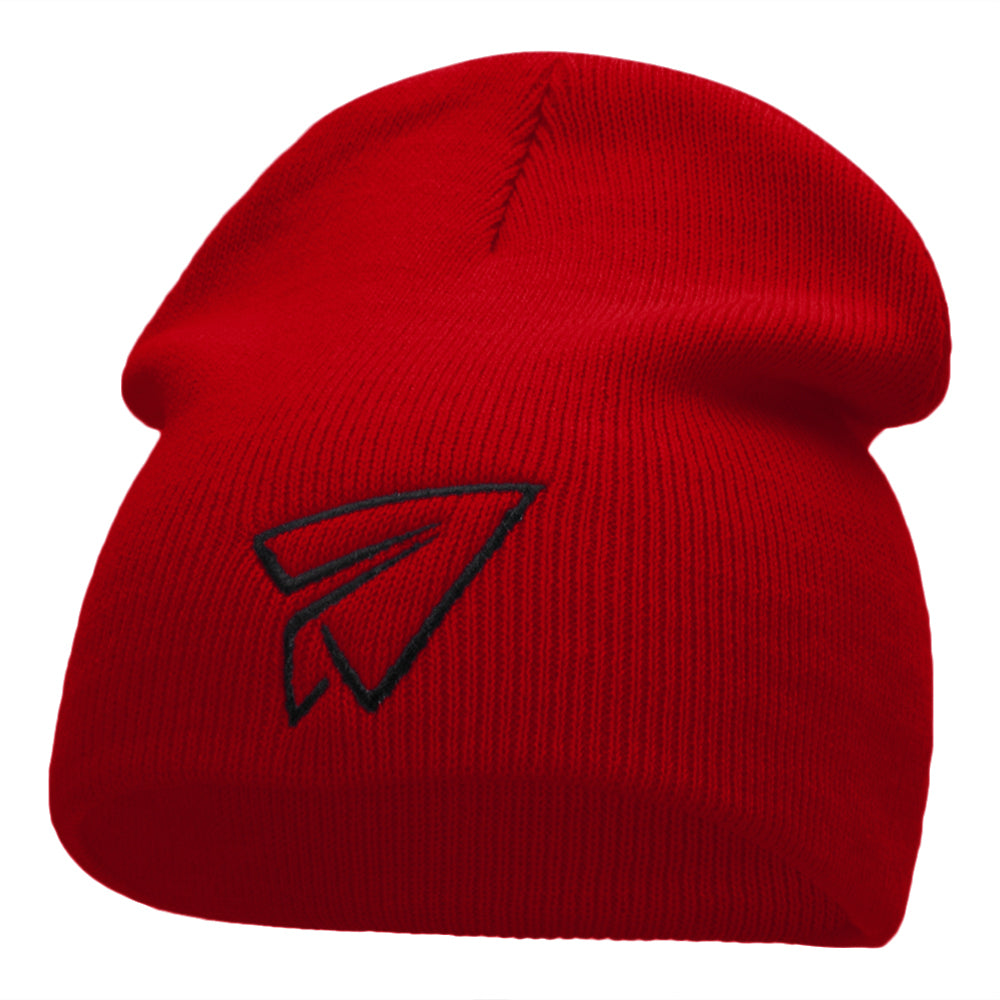 Paper Plane Outline Embroidered Short Knitted Beanie - Red OSFM