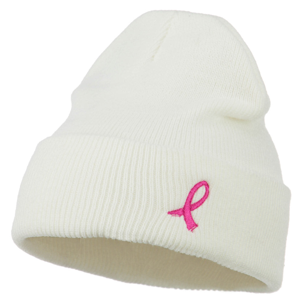 Pink Ribbon Breast Cancer Embroidered Long Beanie - White OSFM