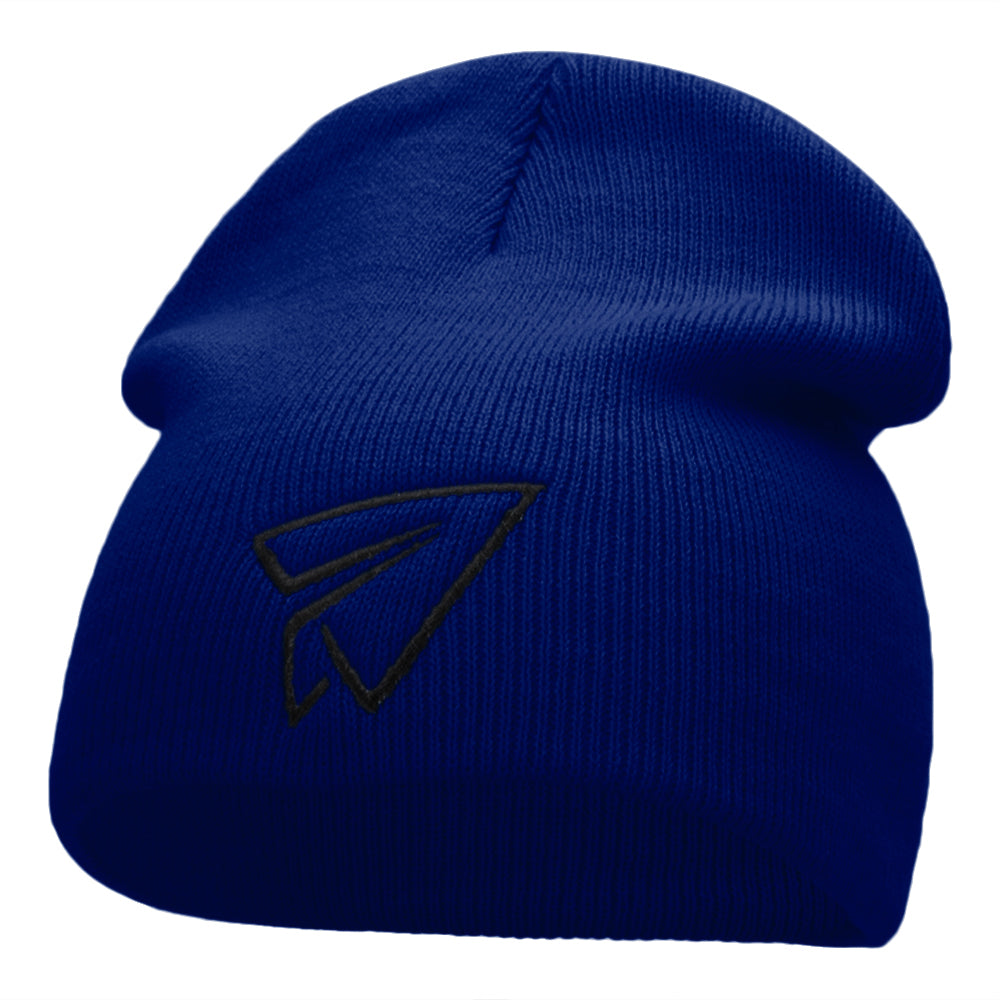 Paper Plane Outline Embroidered Short Knitted Beanie - Royal OSFM