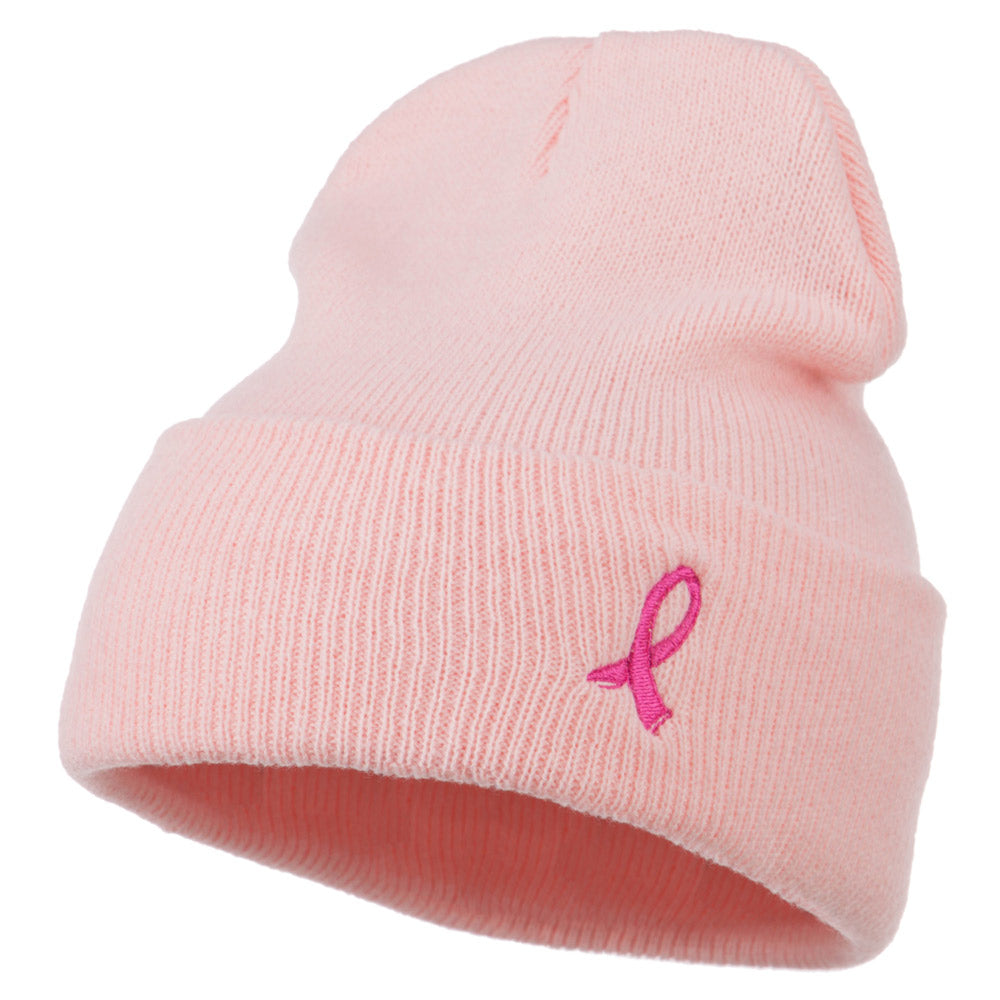 Pink Ribbon Breast Cancer Embroidered Long Beanie - Pink OSFM