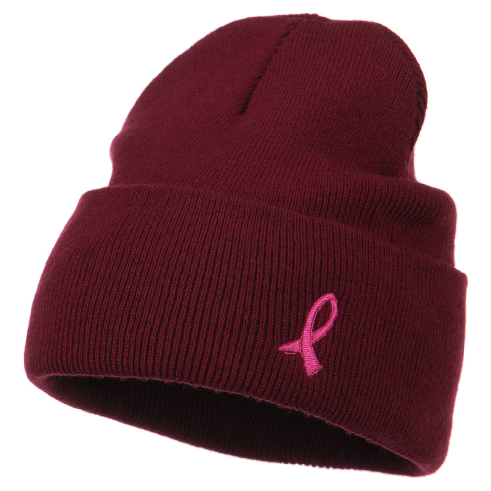 Pink Ribbon Breast Cancer Embroidered Long Beanie - Burgundy OSFM