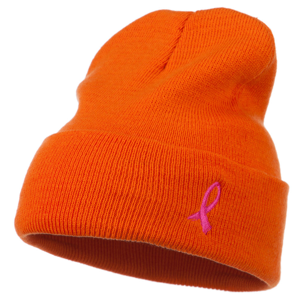 Pink Ribbon Breast Cancer Embroidered Long Beanie - Orange OSFM