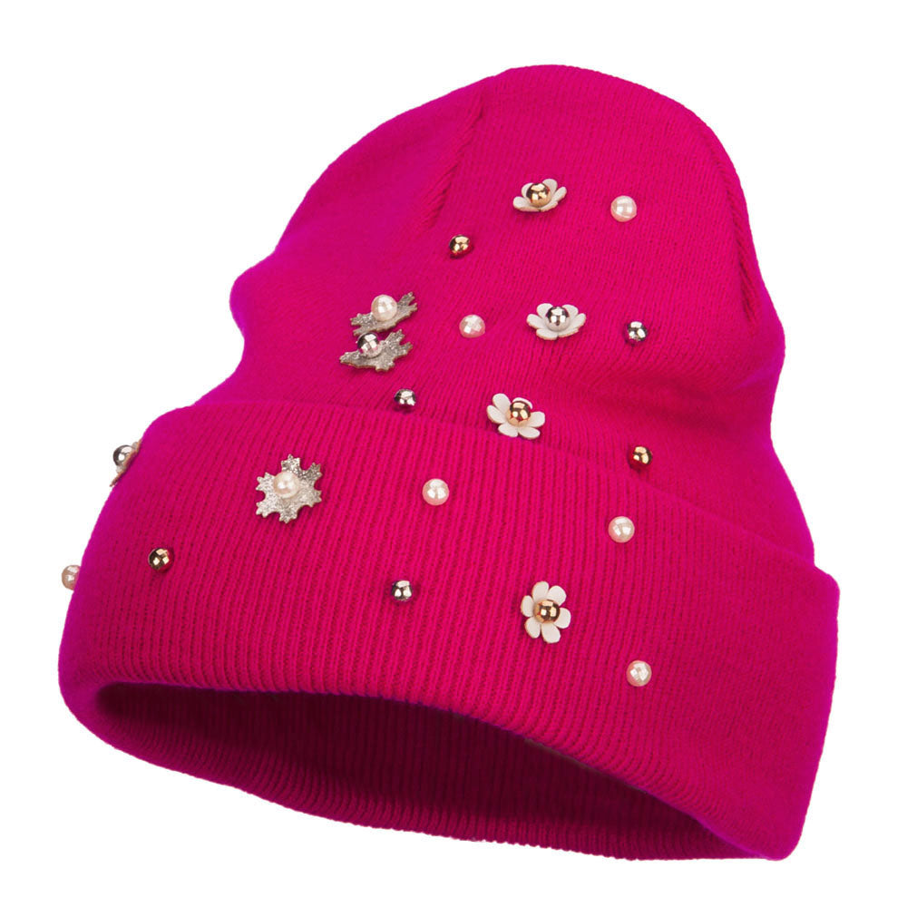 Snowflake Pearls Accented Cuff Beanie - Fuchsia OSFM