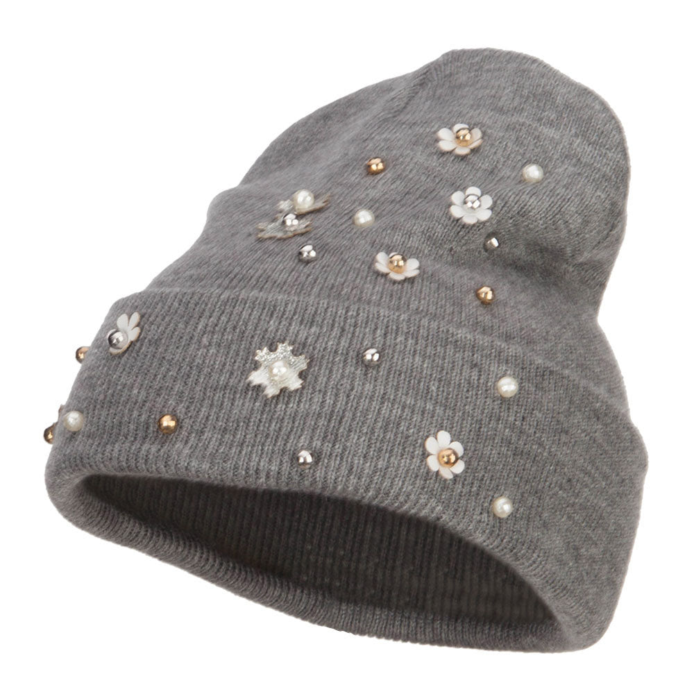 Snowflake Pearls Accented Cuff Beanie - Grey OSFM