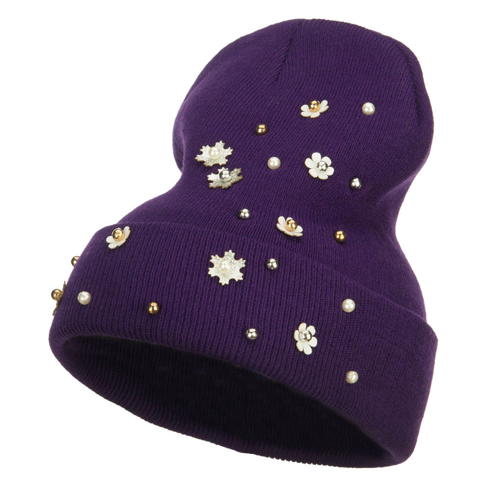 Snowflake Pearls Accented Cuff Beanie - Purple OSFM