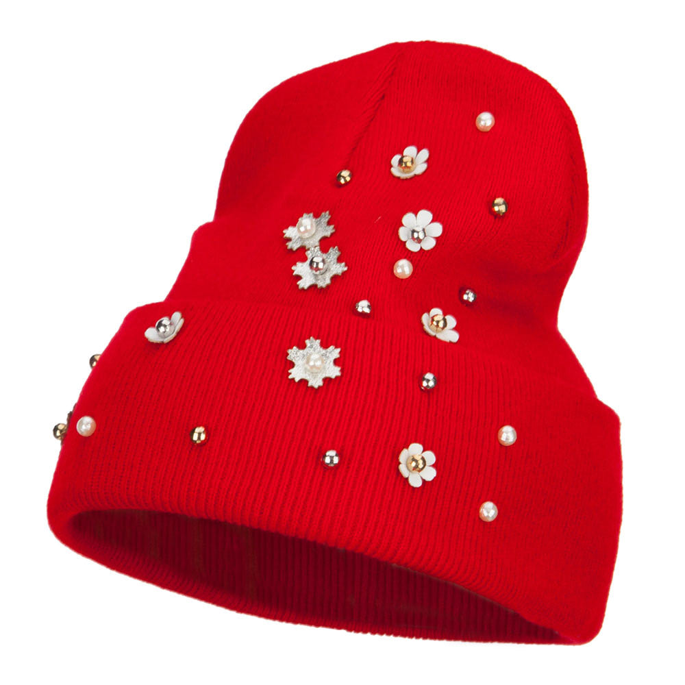 Snowflake Pearls Accented Cuff Beanie - Red OSFM