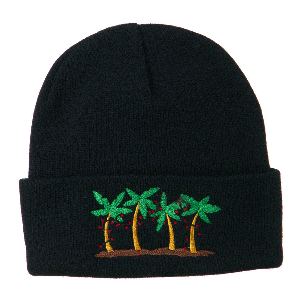 Palm Trees Christmas Lights Embroidered Beanie - Navy OSFM