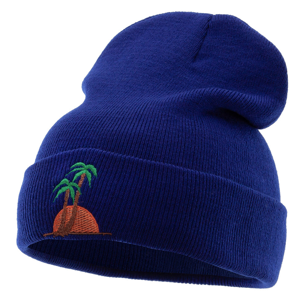 Sunset And Palm Trees Embroidered 12 Inch Long Knitted Beanie - Royal OSFM