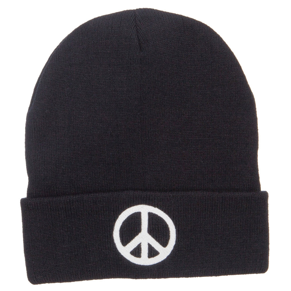Peace Symbol Embroidered Long Beanie - Black OSFM