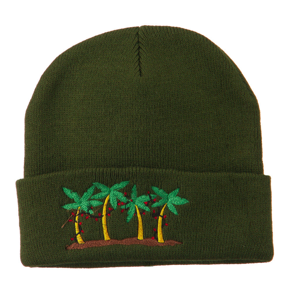 Palm Trees Christmas Lights Embroidered Beanie - Olive OSFM