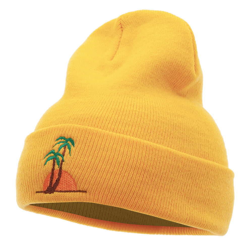 Sunset And Palm Trees Embroidered 12 Inch Long Knitted Beanie - Yellow OSFM