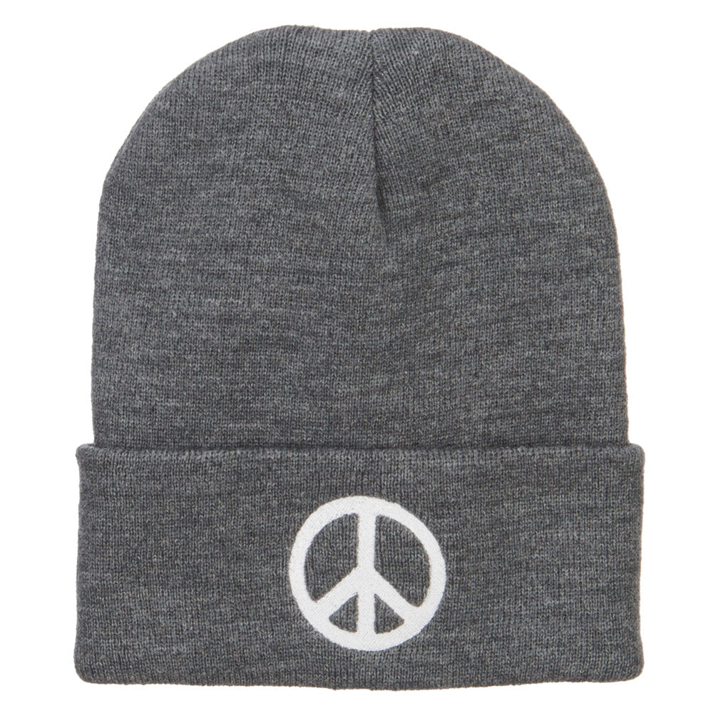 Peace Symbol Embroidered Long Beanie - Grey OSFM