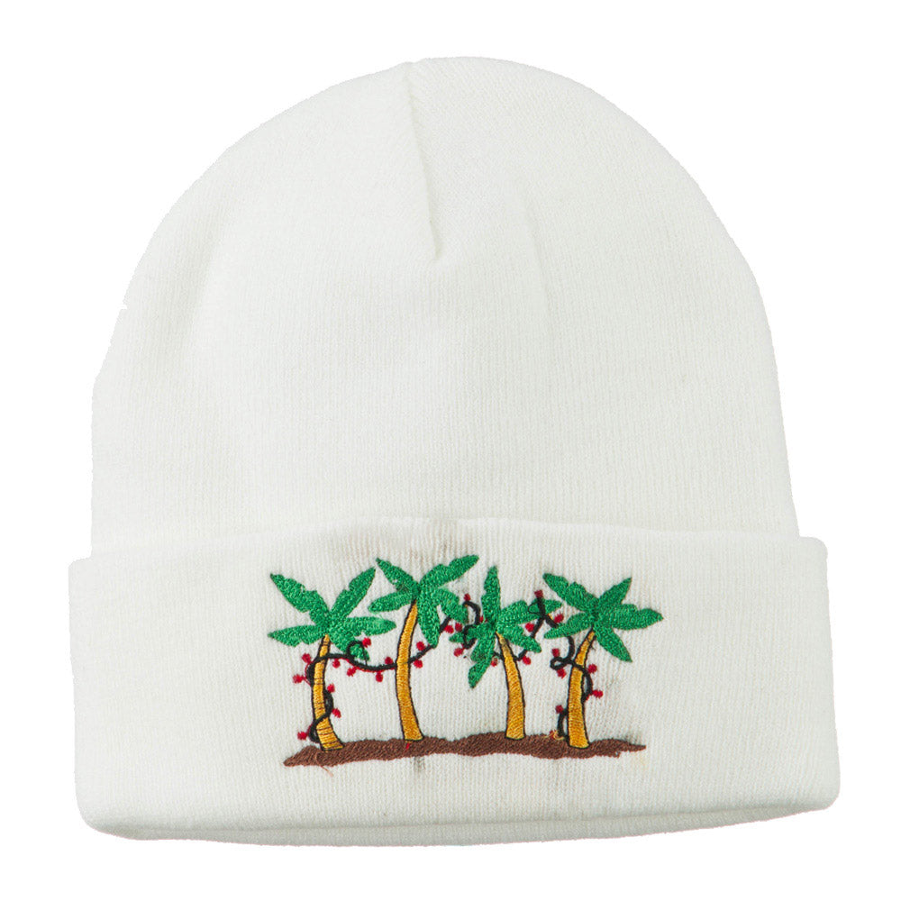 Palm Trees Christmas Lights Embroidered Beanie - White OSFM