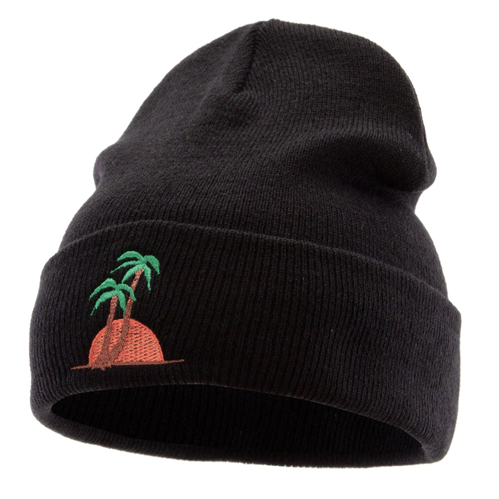 Sunset And Palm Trees Embroidered 12 Inch Long Knitted Beanie - Black OSFM