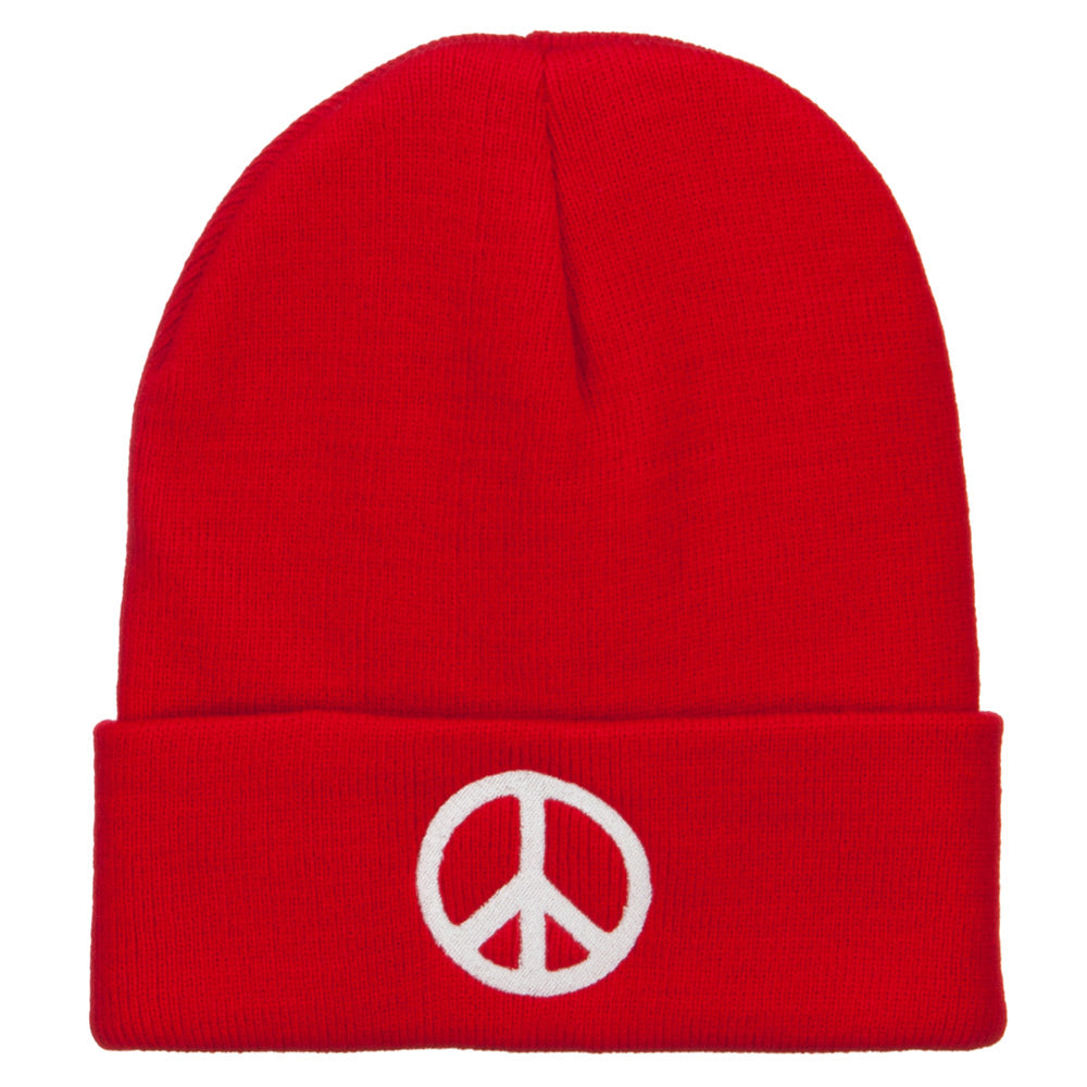Peace Symbol Embroidered Long Beanie - Red OSFM