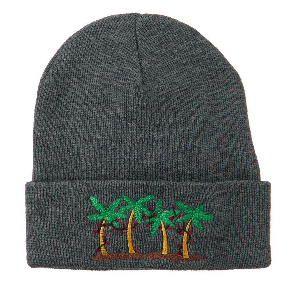 Palm Trees Christmas Lights Embroidered Beanie - Grey OSFM