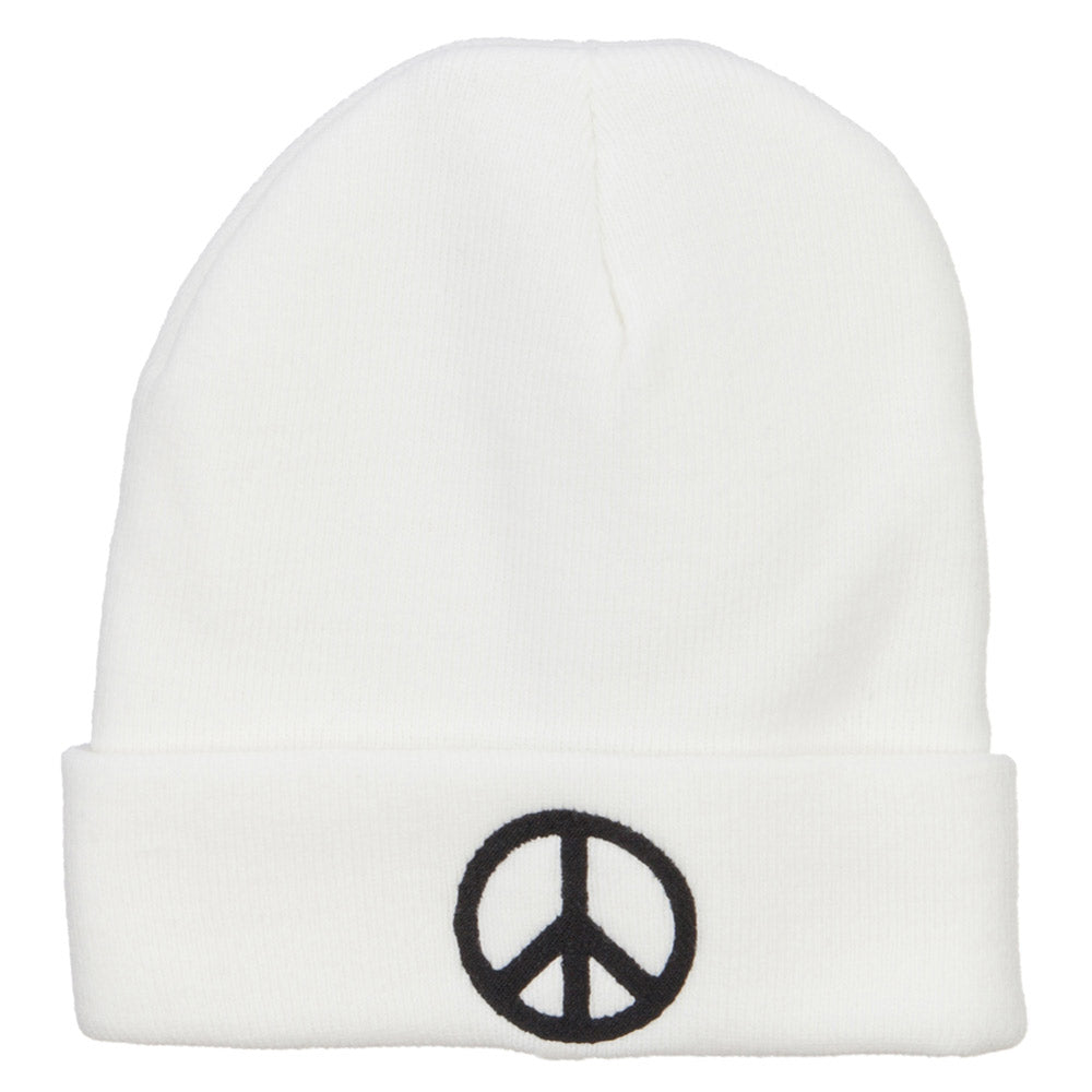 Peace Symbol Embroidered Long Beanie - White OSFM