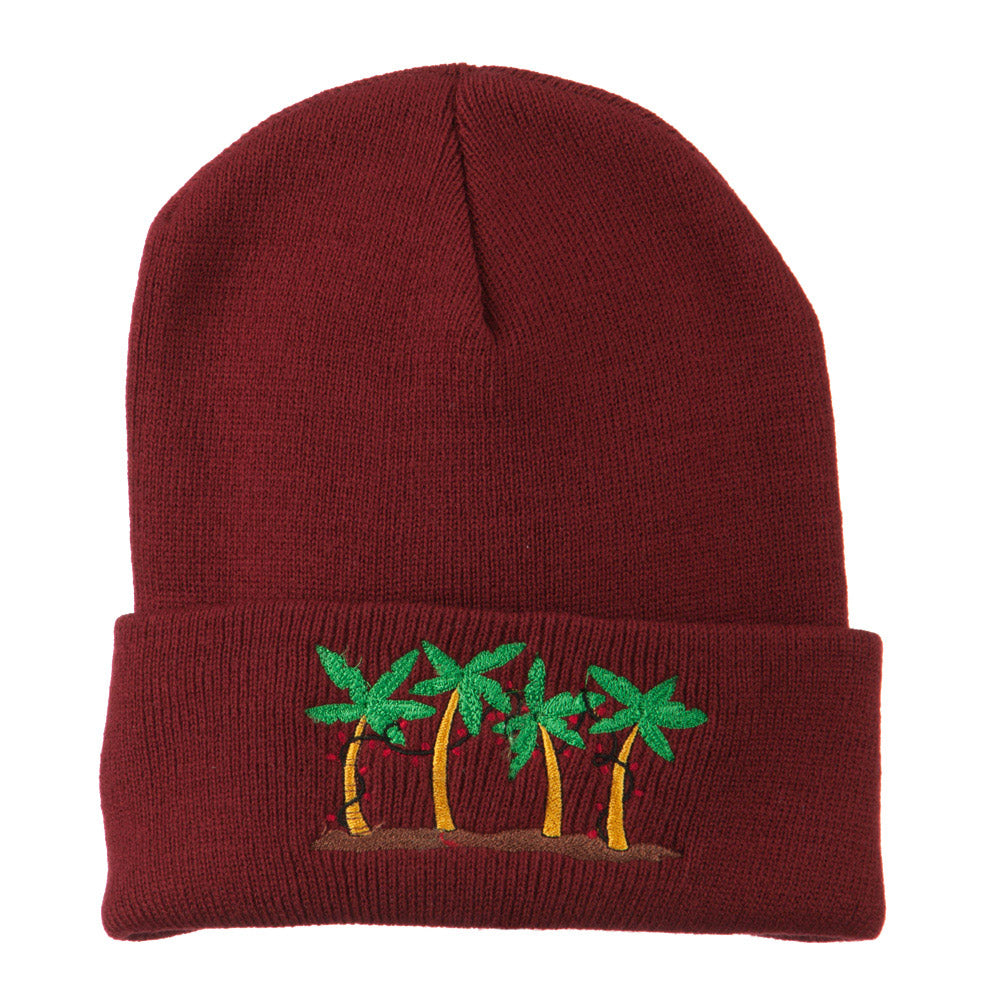 Palm Trees Christmas Lights Embroidered Beanie - Maroon OSFM