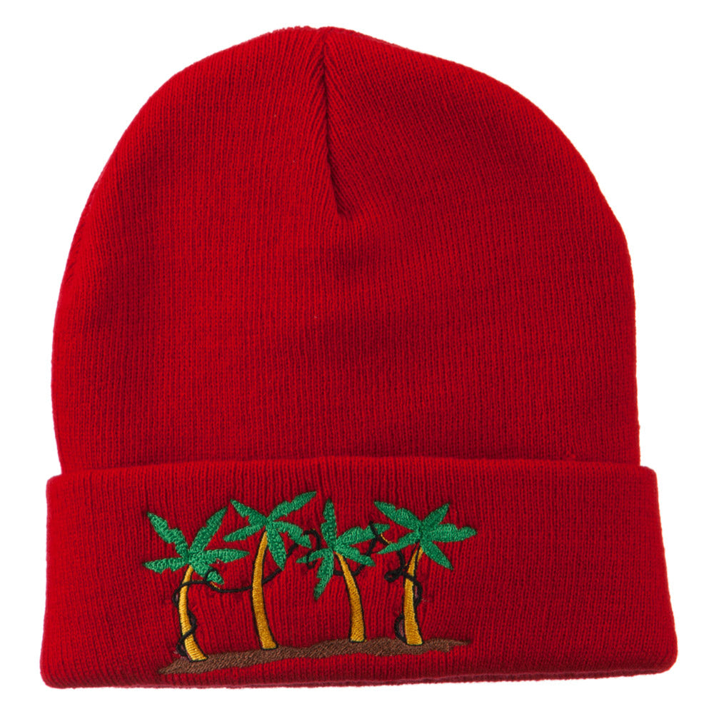 Palm Trees Christmas Lights Embroidered Beanie - Red OSFM