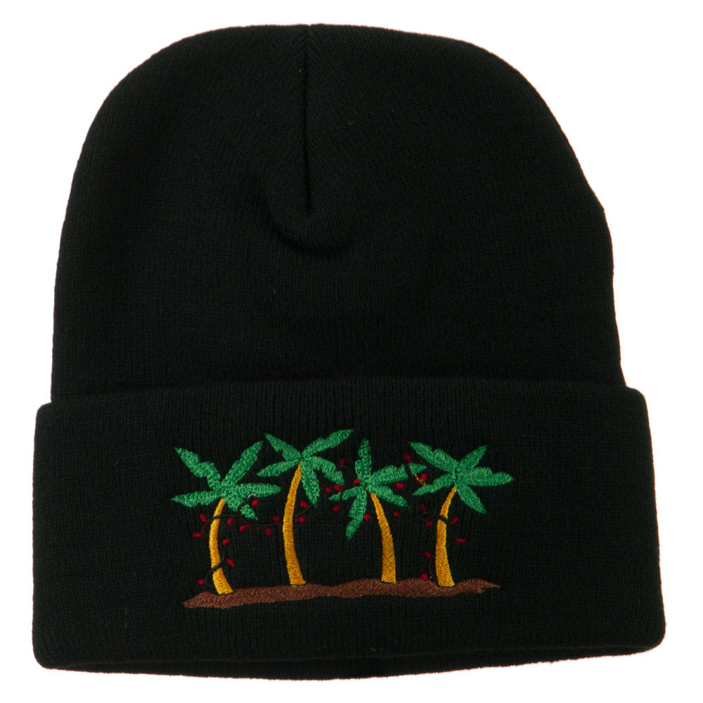 Palm Trees Christmas Lights Embroidered Beanie - Black OSFM