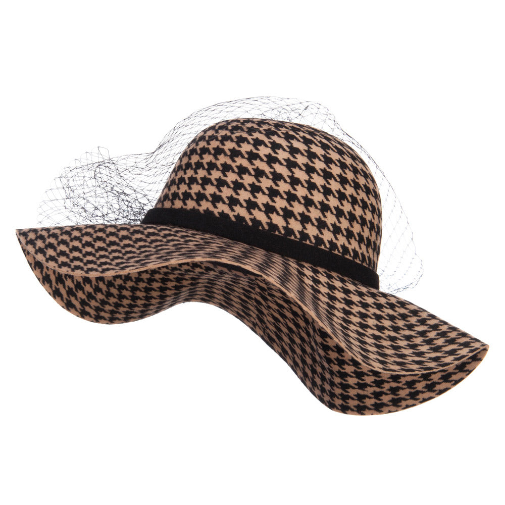 Houndstooth Wool Felt Hat with Net - Camel OSFM