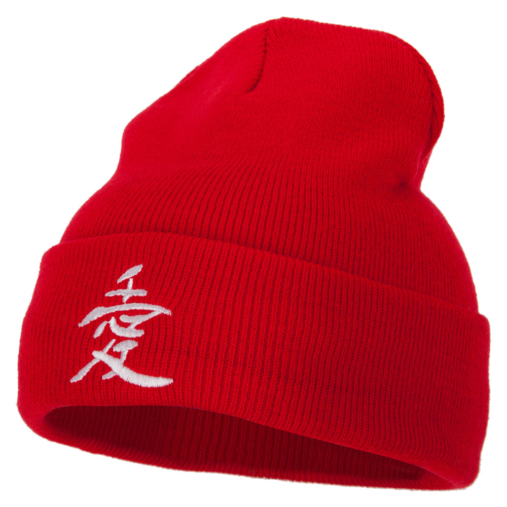 Japanese Chinese Love Character Embroidered 12 Inch Long Knitted Beanie - Red OSFM