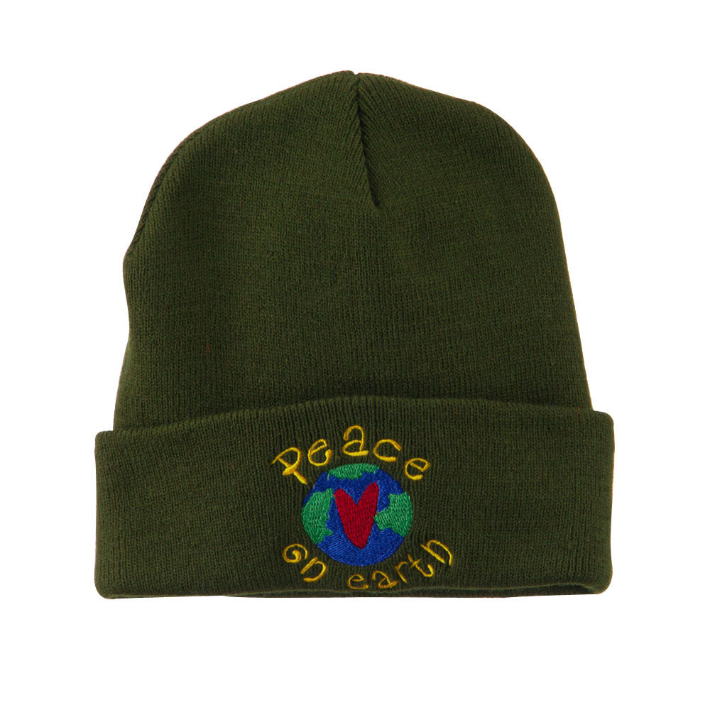 Peace on Earth Embroidered Beanie - Olive OSFM