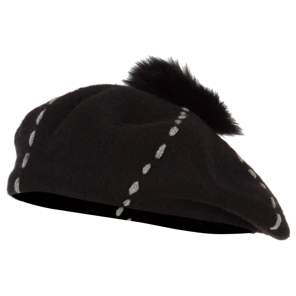 Pom Pom Wool Classic French Beret Hat - Black OSFM