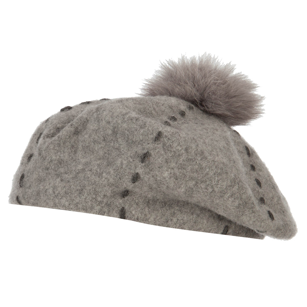 Pom Pom Wool Classic French Beret Hat - Grey OSFM