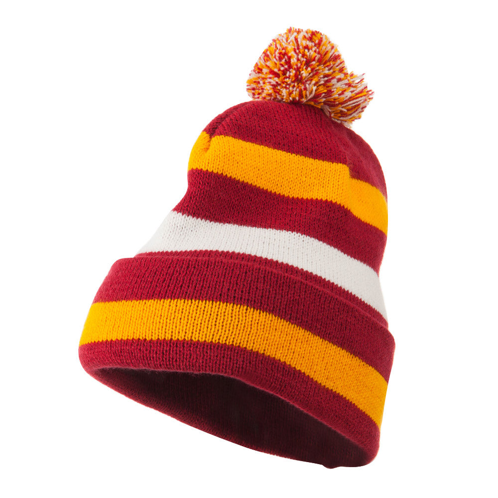 Pom Pom Cuff Stripe Long Beanie - Berry OSFM