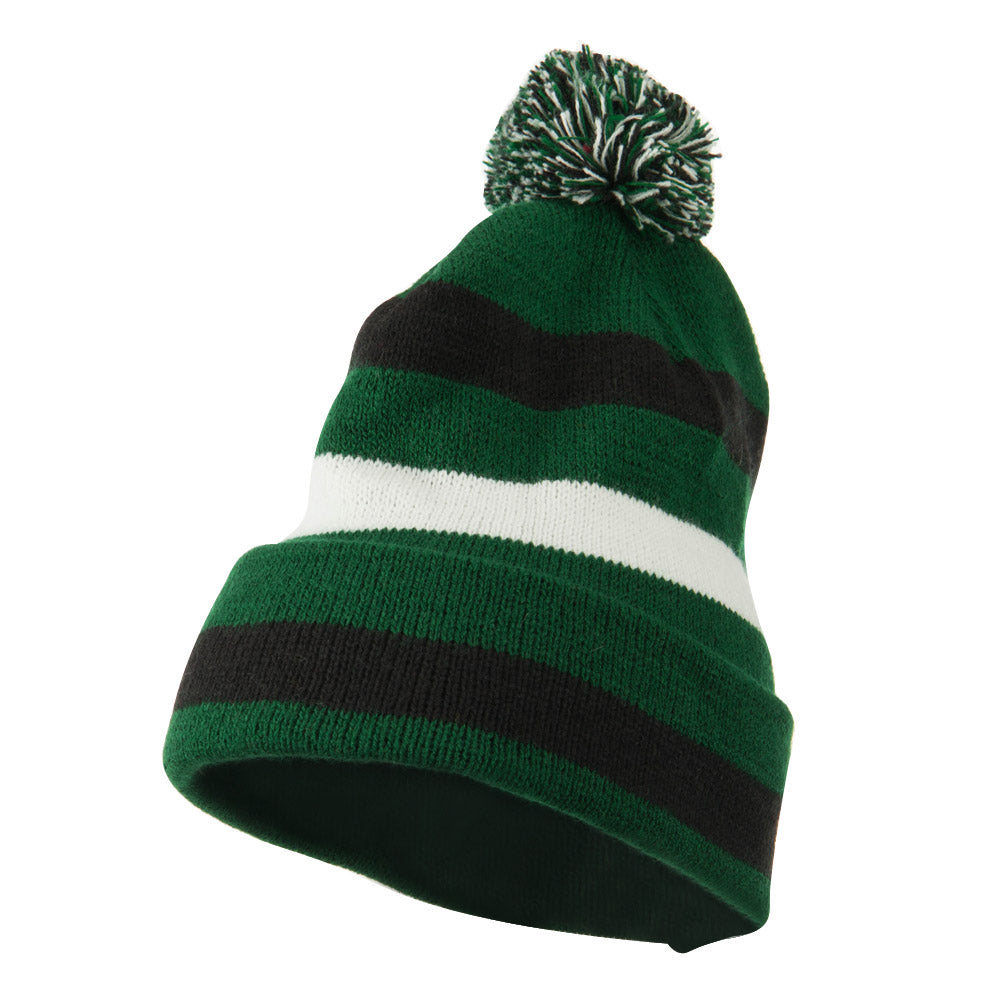 Pom Pom Cuff Stripe Long Beanie - Kelly OSFM