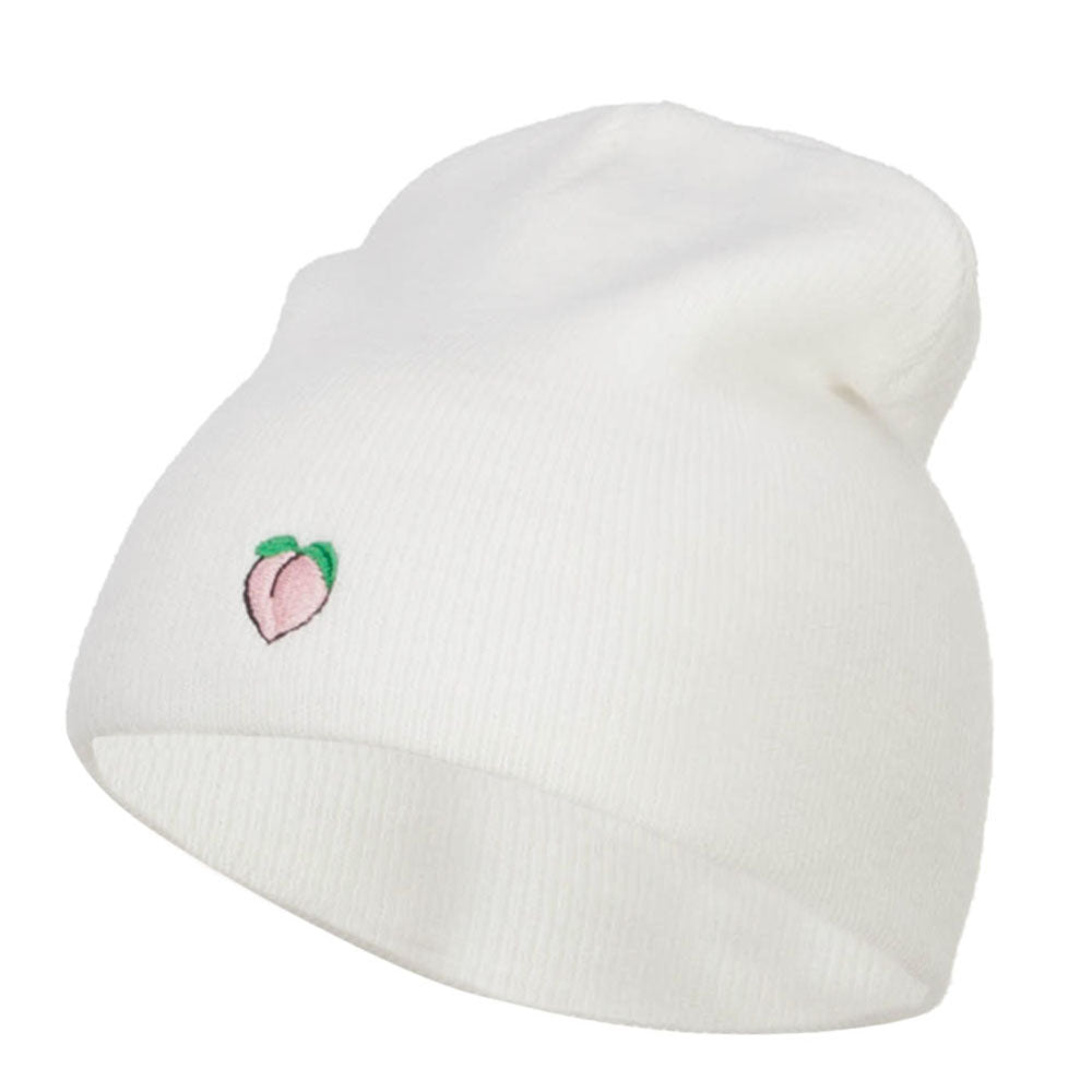 Mini Peach Embroidered Short Beanie - White OSFM
