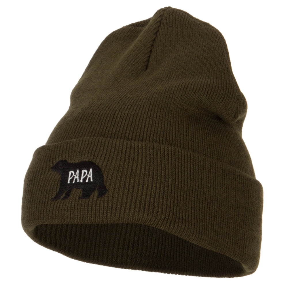 Papa Bear Embroidered Long Beanie - Olive OSFM