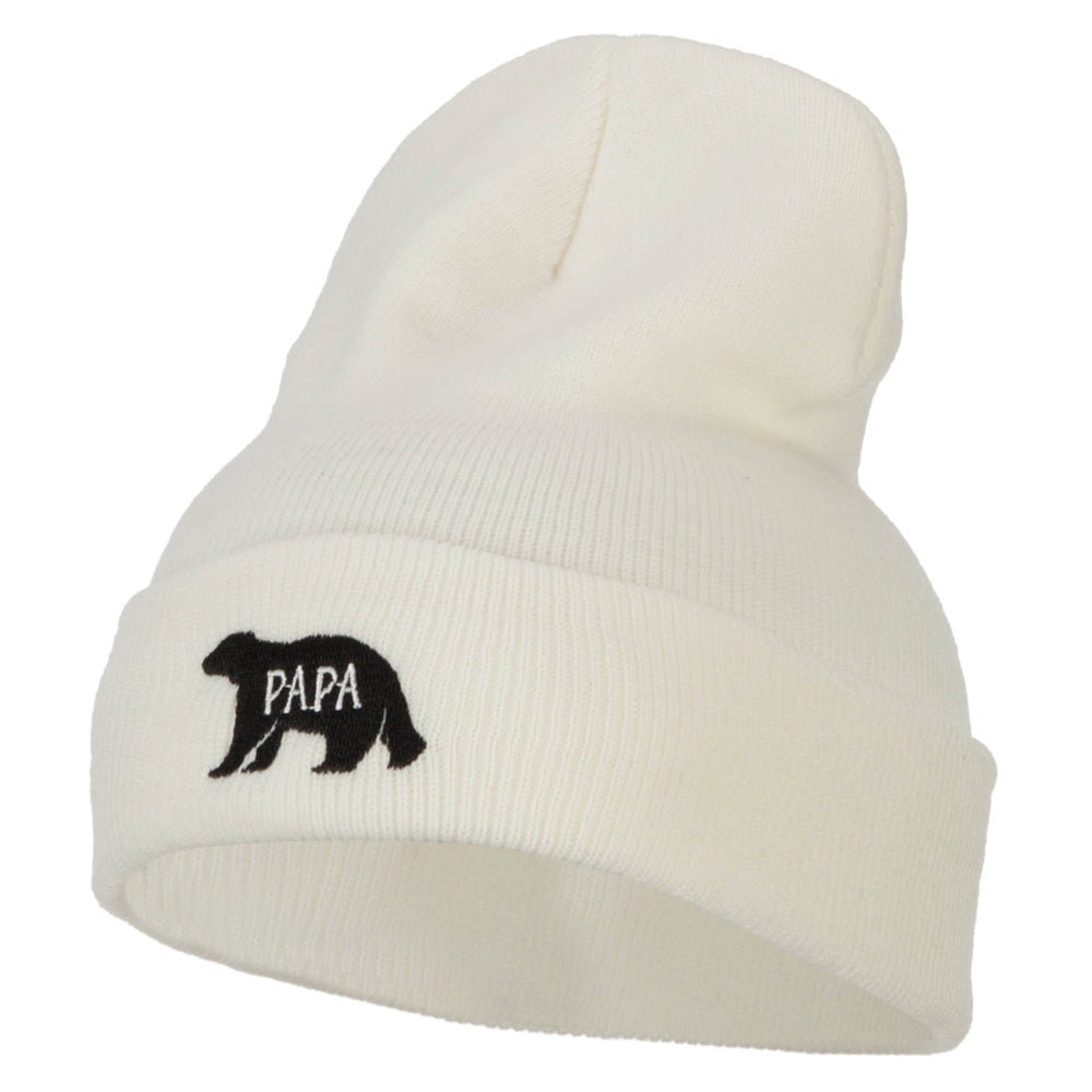 Papa Bear Embroidered Long Beanie - White OSFM