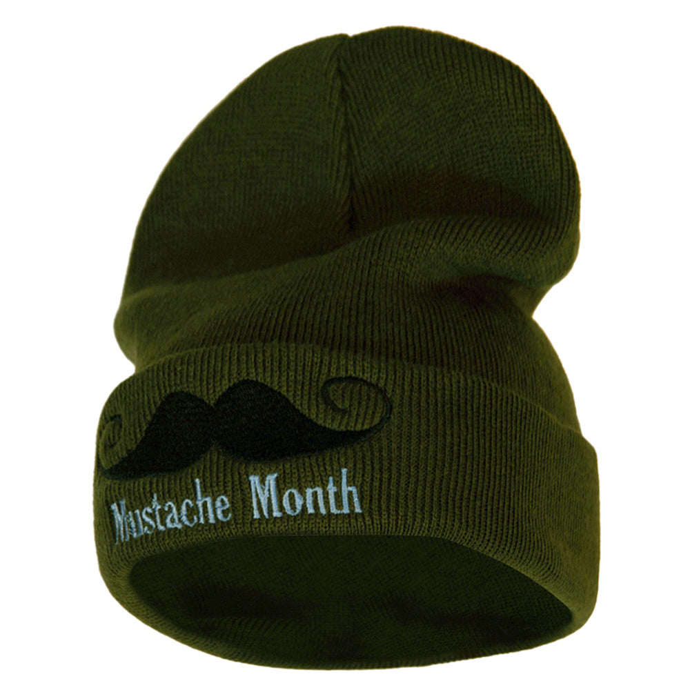 Mustache Month 12 Inch Long Knitted Beanie - Olive OSFM