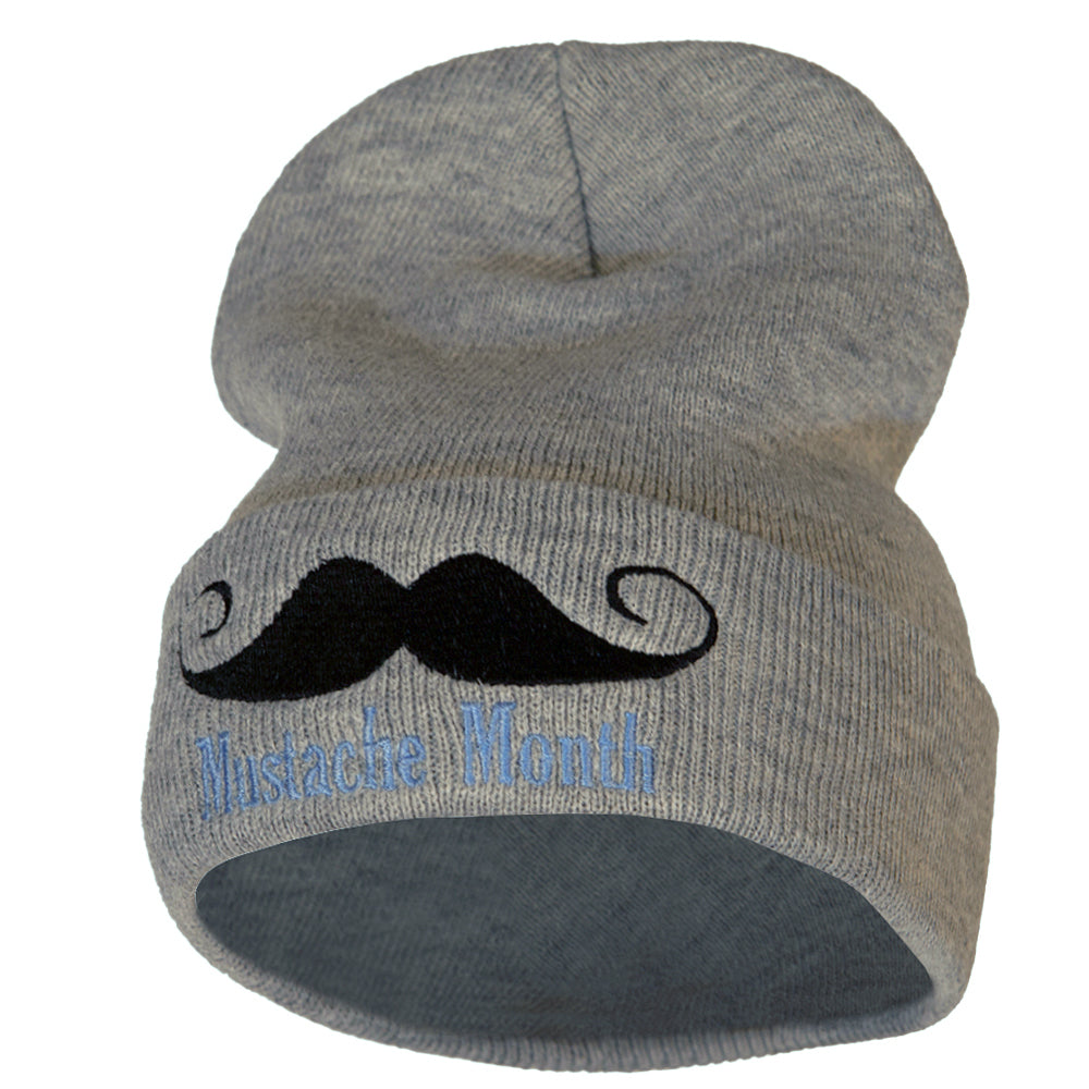 Mustache Month 12 Inch Long Knitted Beanie - Heather Grey OSFM