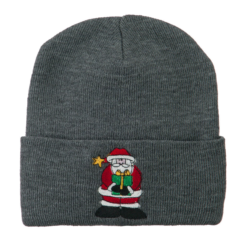 Santa Claus holding a Present Embroidered Beanie - Grey OSFM