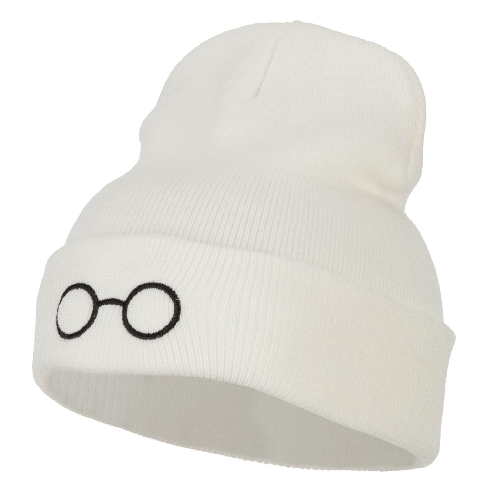 Perfect Round Eyeglasses Embroidered Long Beanie - White OSFM
