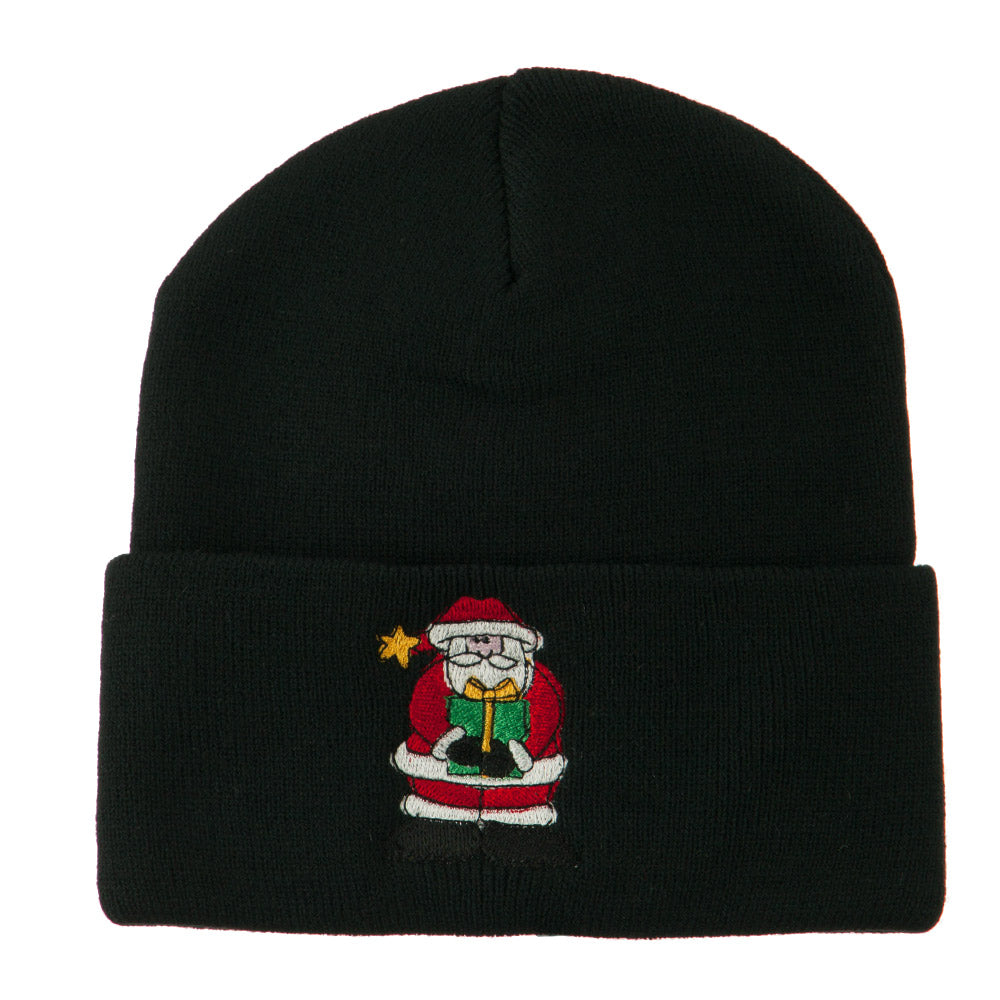 Santa Claus holding a Present Embroidered Beanie - Black OSFM