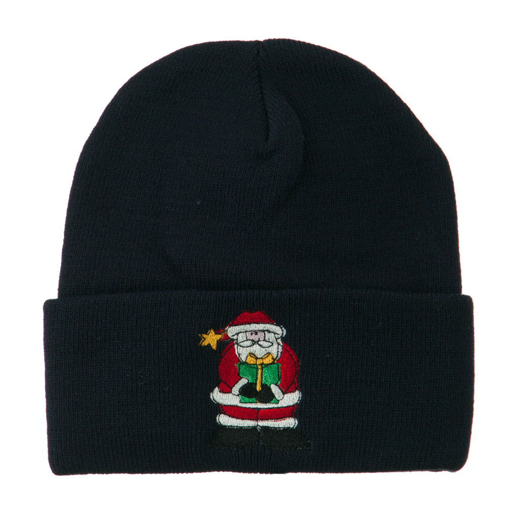 Santa Claus holding a Present Embroidered Beanie - Navy OSFM