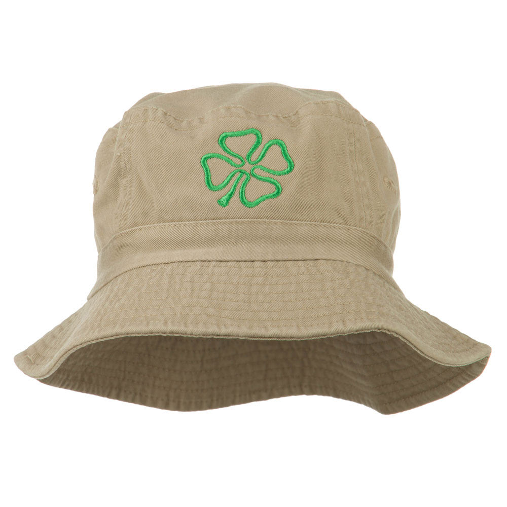 Saint Patrick&#039;s Four Leaf Clover Embroidered Bucket Hat - Khaki OSFM