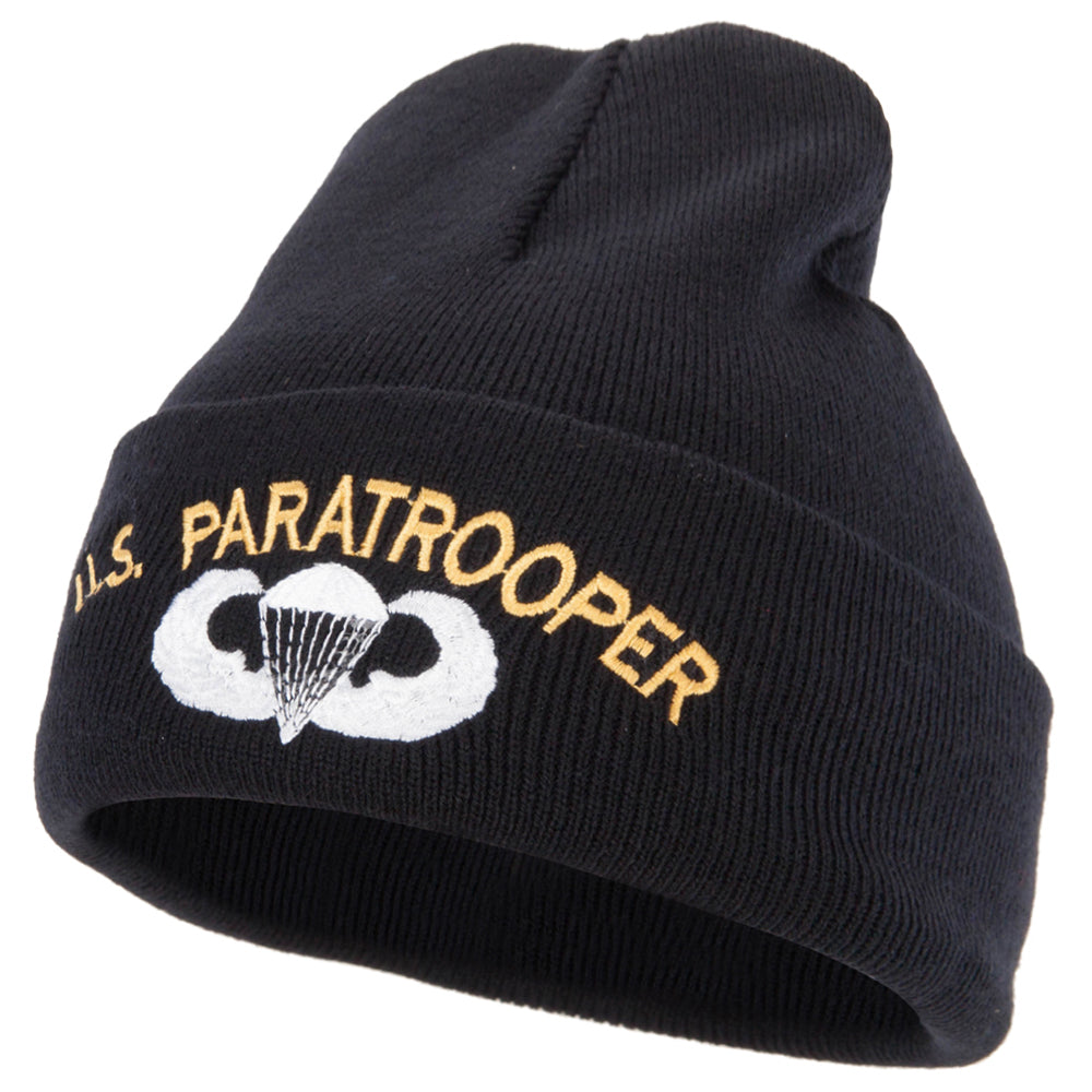 US Paratrooper Design Embroidered 12 Inch Long Knitted Beanie - Black OSFM