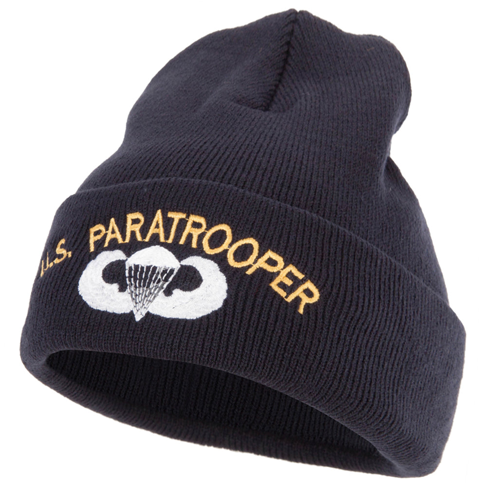 US Paratrooper Design Embroidered 12 Inch Long Knitted Beanie - Navy OSFM